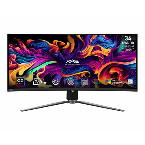 MSI MAG 341CQP QD-OLED 34" 21:9 UWQHD 175Hz Curved OLED HDR Gaming Monitor, Metallic Black