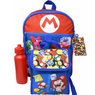 Nintendo Super Mario Red 5pc 16" School Backpack Set with a lunch bag, water bottle, carabiner clip & ID holder, Blue